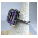925 Silver Vintage Large Emerald Cut Amethyst Ring