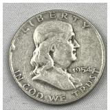 1954-D Franklin Silver Half Dollar, US 90%