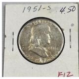 1951-S Franklin Silver Half Dollar, US 90%