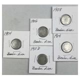 (5) 1904-1914 Barber Silver Dimes, US 90% Coins