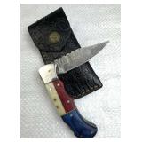 Damascus Steel TX Folding Blade Knife w/ Sheath