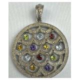 925 Silver Large Round w/Dangling Multi-Gem Pendan