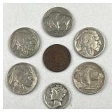 1942 Silver Dime, 1893 Indian 1c, (5) Buffalo 5c