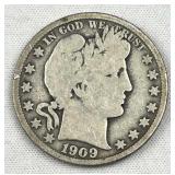 1909 Barber Silver Half Dollar, US 90%