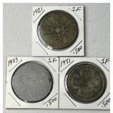 (3) 1921-1931 Great Britain Silver Florins .500