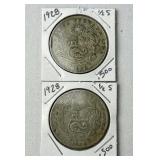(2) 1928 Peru Silver 1/2 Sol Coins .500