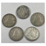 (5) 1940-1963 Canada Silver Dimes .800