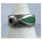 925 Silver Modernist Black & Green Inlay Stone Ban
