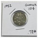 1932 Guatemala Silver 10 Centavos .720