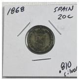 1868 Spain Silver 20 Cent Coin .810 Purity