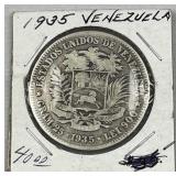 1935 Lg. Silver Venezuela Bolivar Coin, 90%