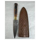 Damascus Steel Stiletto Blade Knife w/ Sheath