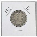 1916-D Barber Silver Quarter, US 90% Coin