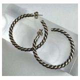 925 Silver Brass Rope Thin Post Hoop Earrings
