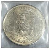 1953 Mexico Silver 5 Pesos .720 Uncirc./Tone