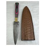 Damascus Steel Stiletto Blade Knife w/ Sheath