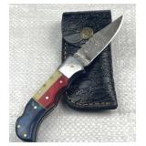 Damascus Steel TX Folding Blade Knife w/ Sheath