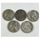(5) Silver War Nickels, WWII Era 35% Coins