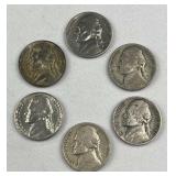(6) Silver War Nickels, WWII Era 35% Coins