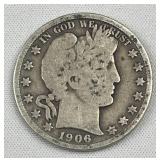 1906-D Barber Silver Half Dollar, US 90%