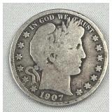 1907 Barber Silver Half Dollar, US 90%