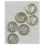 (6) 1930s-40s Mercury Silver Dimes, US 90%