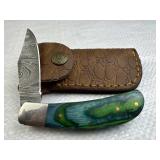 Damascus Steel Folding Blade Knife w/ Sheath
