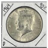 1964-D JFK 90% Silver Half Dollar, US 50c Coin