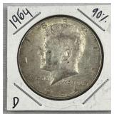 1964-D JFK 90% Silver Half Dollar, US 50c Coin