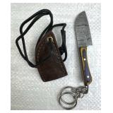 Damascus Steel Fixed Blade Mini Knife w/ Sheath