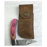 Damascus Steel Folding Blade Knife w/ Sheath