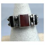 925 Silver Black & Red Inlay Stone Band Ring