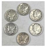 (6) 1930s-40s Mercury Silver Dimes, US 90%