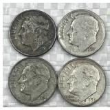 (4) 1946-64 Silver Era Roosevelt Dimes, US 90%