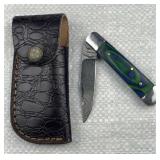 Damascus Steel Folding Blade Knife w/ Sheath