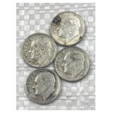 (4) 1946-64 Silver Era Roosevelt Dimes, US 90%