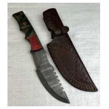 Lg Damascus Steel Fixed Blade Knife w/ Sheath