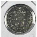 1918 Silver Gr. Britain 3 Pence, AU, .925