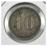 1894 Silver Sweden Oscar II 10 Ore, VF, .400