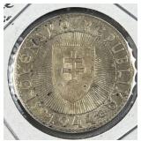 1944 Silver Slovakia 10 Korun Coin, AU+, .500