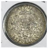 1924 Silver Latvia 1 Lats Coin, XF, .835