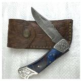 Damascus Steel Folding Blade Knife w/ Sheath