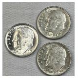 (3) 1960s Roosevelt Silver Dimes, US 90% w/ BU