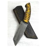 Damascus Steel Fixed Tanto Blade Knife w/ Sheath