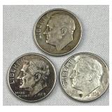 (3) 1950s-60s Roosevelt Silver Dimes, US 90%