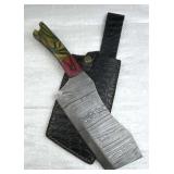 Lg Damascus Steel Cleaver Blade Knife w/ Sheath