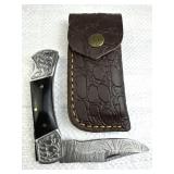 Damascus Steel Folding Blade Knife w/ Sheath