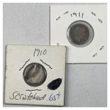 1910 & 1911 Barber Silver Dimes, US 90%