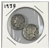 (2) 1938 Mercury Silver Dimes, US 90%, Philly