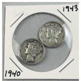 1940 & 1943 Mercury Silver Dimes, US 90%